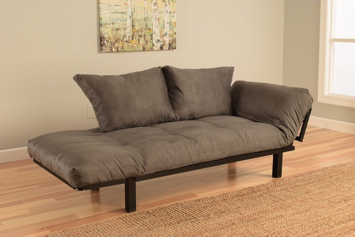 Spacely Bright Day Twin Size Bed Futon Black Metal Frame with Gray Suede  Mattress and Pillows