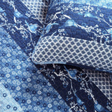 Full/Queen Navy White Light Blue Boho Floral Birds Reversible Quilt Set