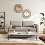 Beige Upholstered Faux Leather Sofa w/ Pillows Solid Hardwood Legs