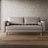 Beige Upholstered Faux Leather Sofa w/ Pillows Solid Hardwood Legs