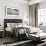 Full size Black Linen Upholstered Platform Bed with Button-Tufted Headboard