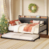 Full size Black Metal Daybed with Upholstered Headboard and Twin Trundle