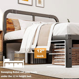 California King Heavy Duty Black Metal Bed Frame with Wood Panel Headboard