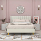 Queen Mid-Century Platform Bed Frame with Cream Velvet Upholstered Headboard