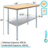 48 x 24 inch Wood-Top Heavy Duty Steel Utility Work Table Kitchen Island