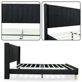 Full size Mid-Century Black Linen Platform Bed Frame with Upholstered Headboard