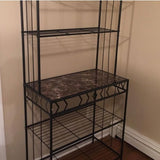 Kitchen Bakers Rack in Black Metal with Marble Finish Top