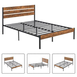 Full Industrial Platform Bed Frame with Brown Wood Slatted Headboard Footboard