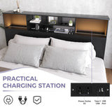 King size Bookcase Headboard in Black Wood Finish with LED Lights