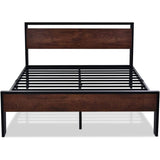 King Metal Platform Bed Frame with Mahogany Wood Panel Headboard Footboard