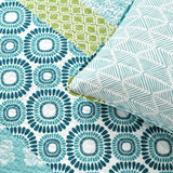 King size Cotton 3 Piece Reversible Blue White Green Floral Damask Quilt Set