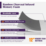 King size 12-inch Charcoal Infused Memory Foam Mattress with Removable Cover