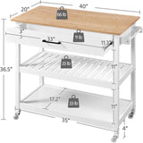 White Kitchen Island Cart with Drawer Storage Shelves and Locking Casters