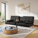 Modern Black Faux Leather Futon Sofa Bed with Armrest and Metal Legs