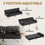 Modern Black Faux Leather Futon Sofa Bed with Armrest and Metal Legs