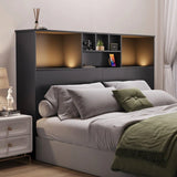 Queen size Bookcase Headboard in Black Wood Finish with LED Lights