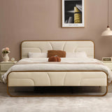 Queen Beige Upholstered Headboard Footboard Platform Bed with Gold Metal Frame