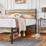 Queen Industrial Farmhouse Rustic Wood Metal Platform Bed Frame with Headboard