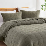 Full/Queen Size 3-Piece Sage Green Faded Stone Washed Cotton Quilt Set