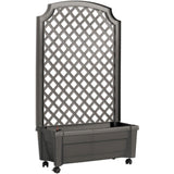 Outdoor Self-Watering Garden Planter with Trellis and Wheels in Grey Plastic