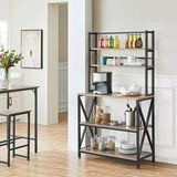 Modern Black Metal Grey Wood Bakers Rack Microwave Stand Kitchen Shelving Unit