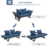 Bright Day Navy/Black 3 In 1 Convertible Wood Sofa Chaise Lounger Bed with 2 Large Pillows