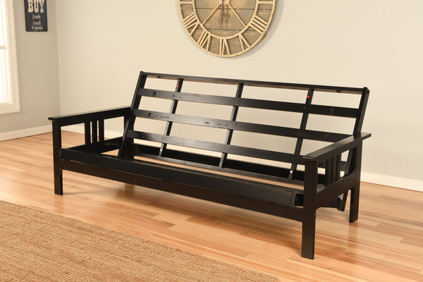 Full Size Montreal Black Finish Wood Futon Frame Choice to add Drawer set