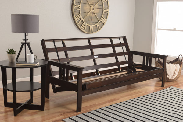 Full Size Montreal Espresso Wood Futon Frame Choice to add Drawer set